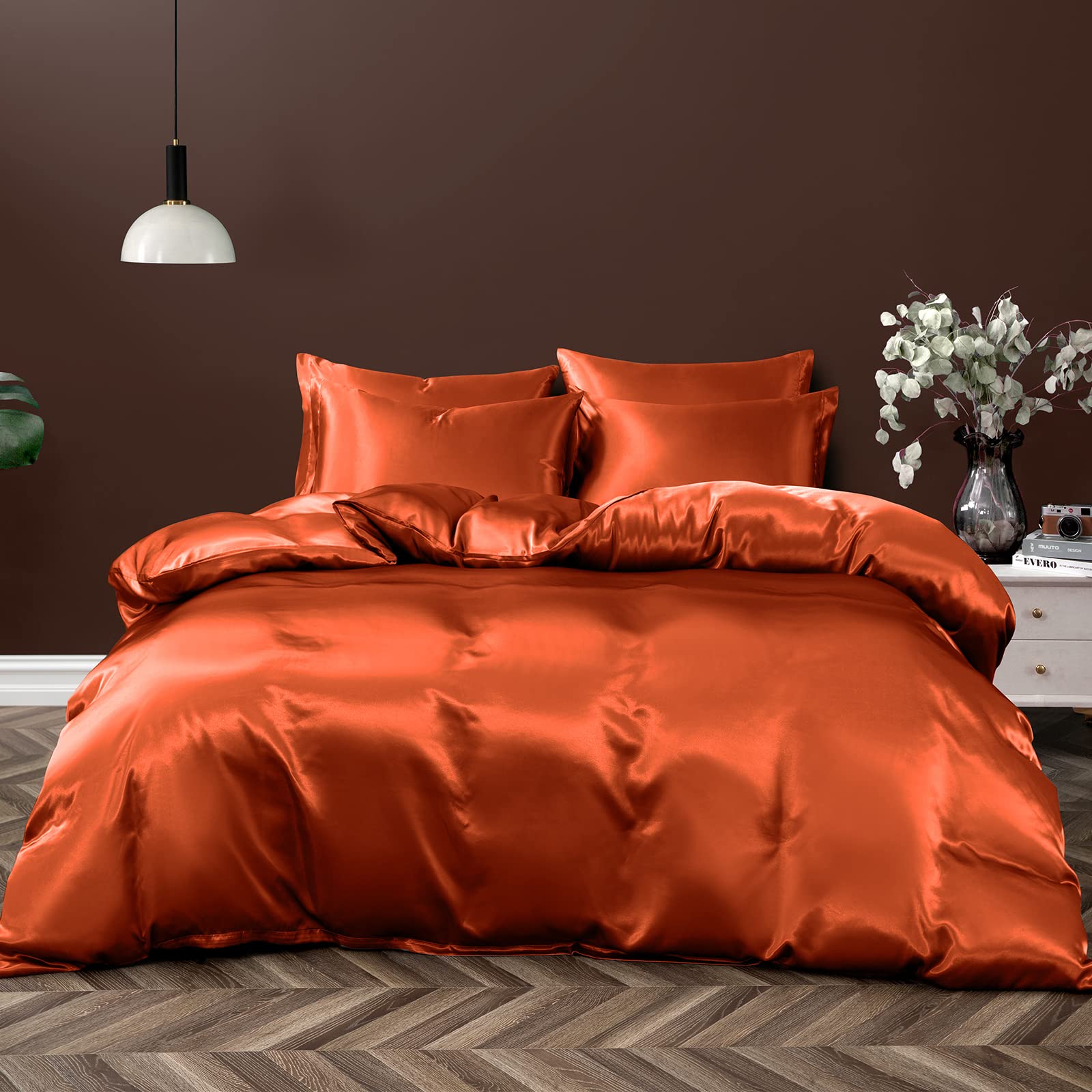 P Pothuiny 5 Pieces Satin Duvet Cover Full/Queen Size Set, Luxury Silky Like Burnt Orange Duvet Cover Bedding Set With Zipper Cl